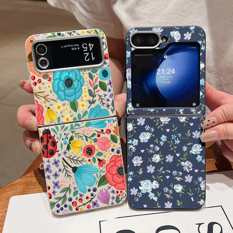 Romantic Garden Flower Case For Samsung Z Flip4 Flip5 Flip6 5G Leather Texture TPU Folding Cover For Samsung Galaxy Z Flip 3 4 5