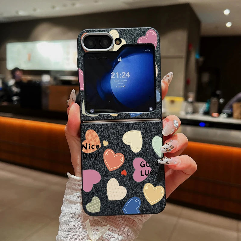 For Samsung Galaxy Z Flip 6 5 4 3 5G Leather Texture Phone Case Love Heart Pattern Soft TPU Folding Cover For Samsung Z Flip5