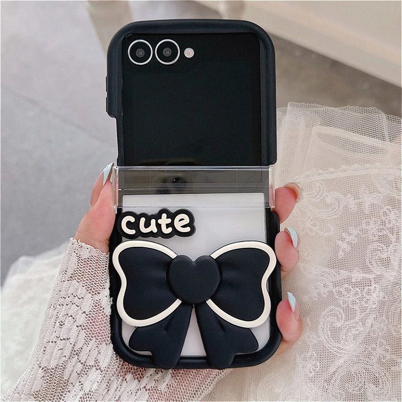 3D Bow Clear Case With Hairball Pendant For Samsung Galaxy Z Flip 3 4 5 6 7 5G ZFlip7 Protect Lovely 3-PIECE Set Cute Cover Gift