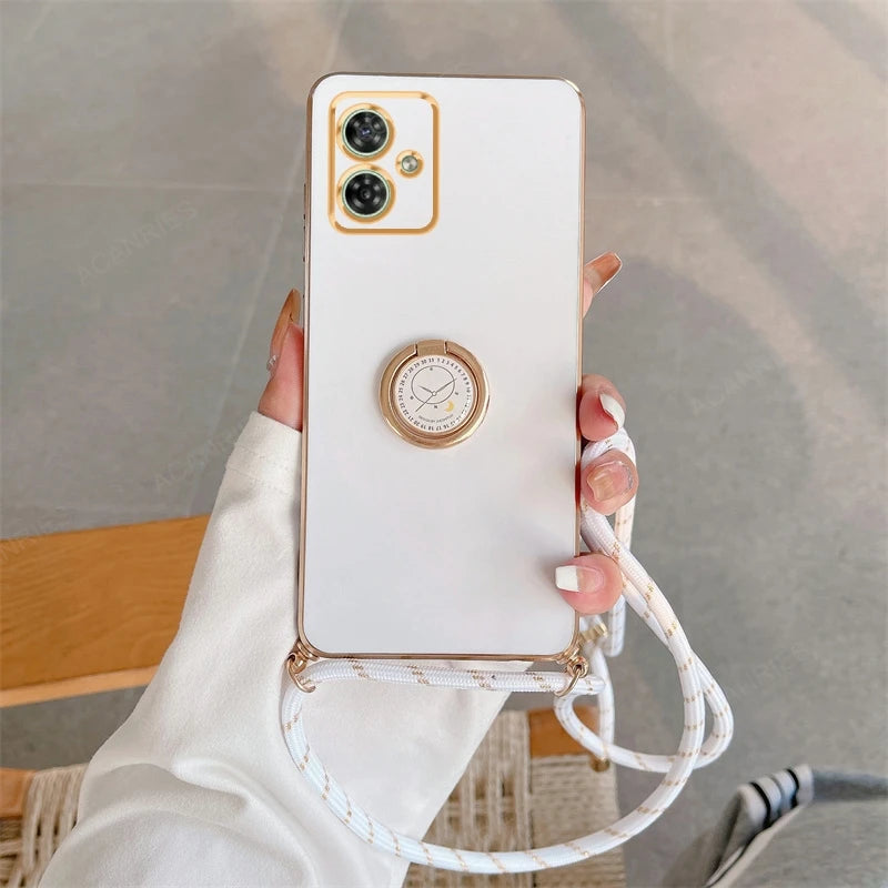 G 84 54 Luxury Plating Crossbody Lanyard Case For Motorola Moto G54 G84 5G Ring Holder Back Cover