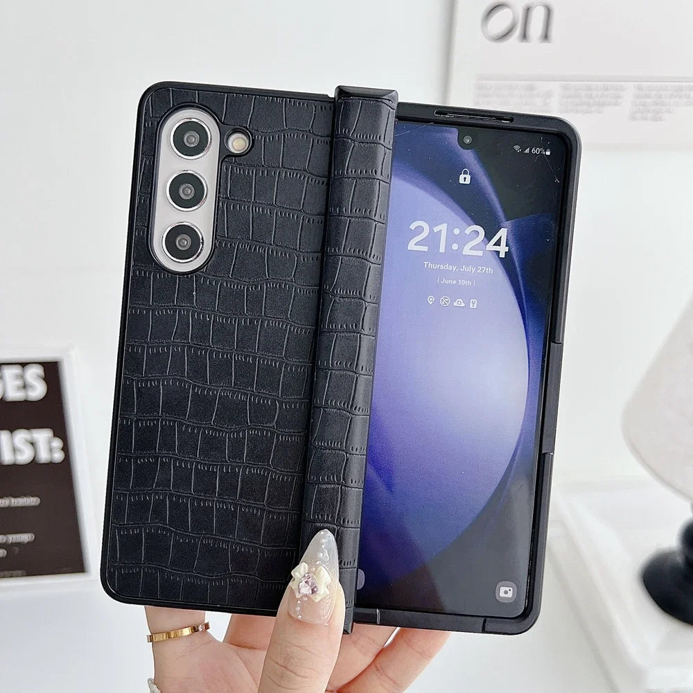 Luxury Business Crocodile Pattern Case For Samsung Galaxy Z Fold 3 4 5 6 Hinge Protector Shockproof Cover For Galaxy Fold5 Fold6