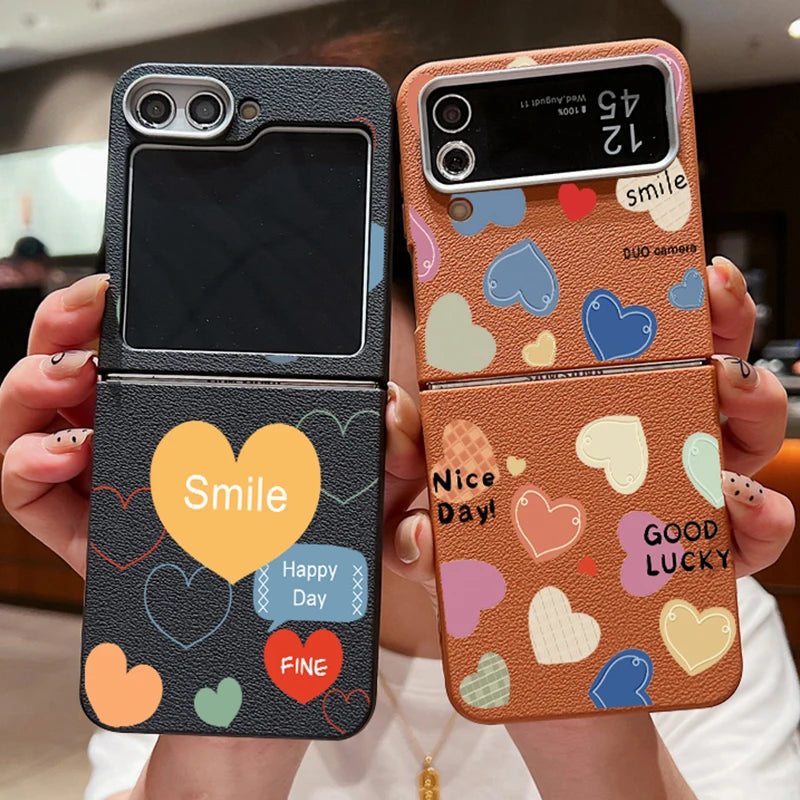 For Samsung Galaxy Z Flip 6 5 4 3 5G Leather Texture Phone Case Love Heart Pattern Soft TPU Folding Cover For Samsung Z Flip5