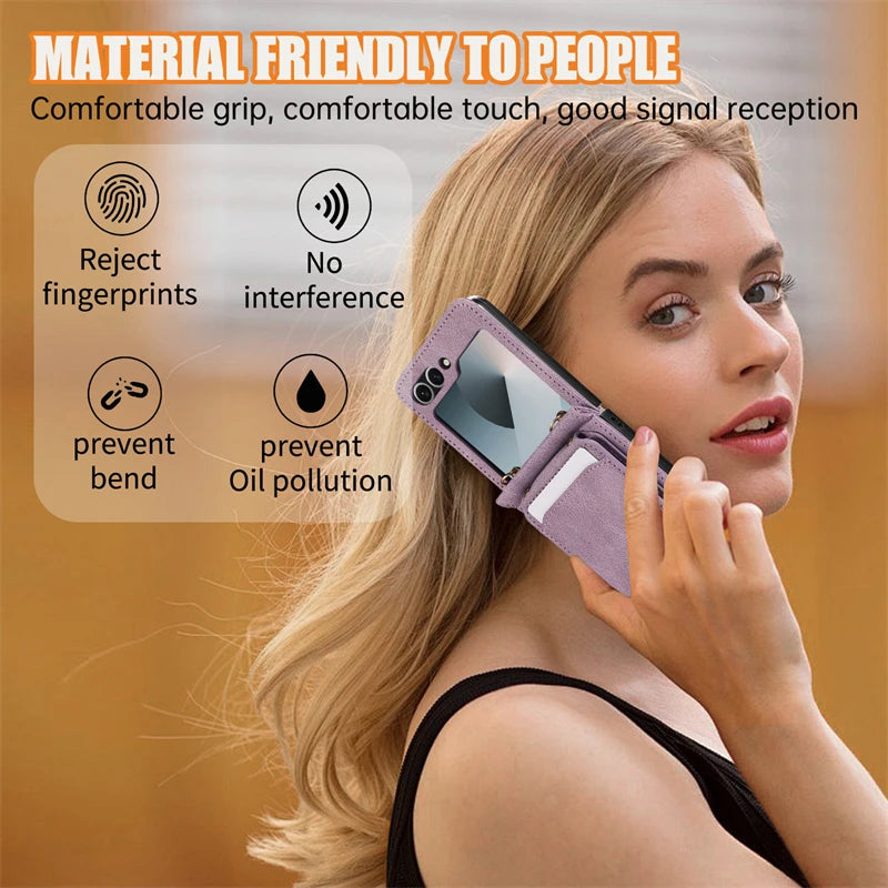 Leather Wallet Card Holder Case for Samsung Galaxy Z Flip 6 5 4 3 ZFlip Flip6 Flip5 Flip4 Flip3 with Crossbody Lanyard Bag Cover