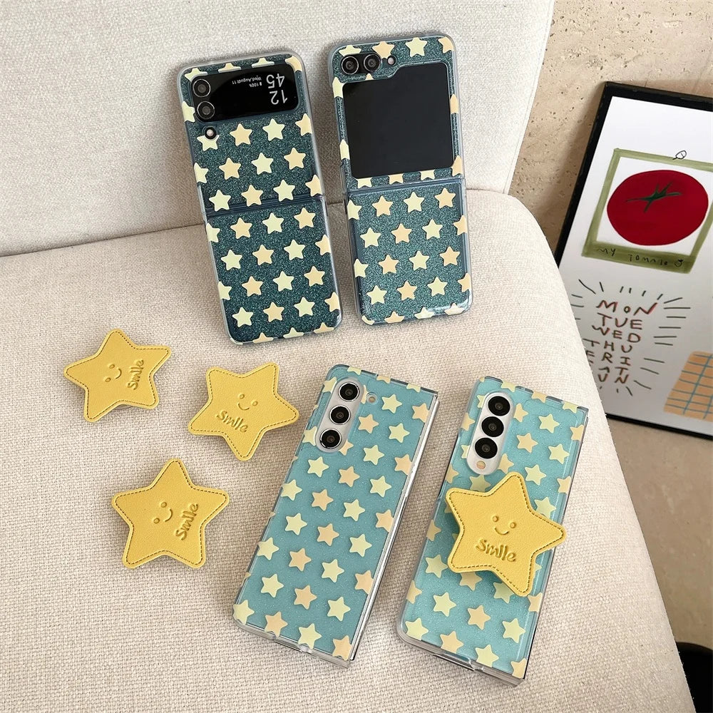 Star Folding Bracket Cartoon Glitter Case For Samsung Galaxy Z Flip7 Flip 6 5 4 3 ZFold 7 6 5 Shockproof Epoxy Bumper Soft Shell