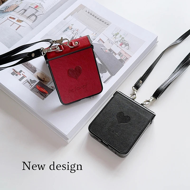 Fashion Simple Love Heart Strap Rope Cord Chain Necklace Lanyard Phone Case For Samsung Galaxy Z Flip 5 4 3 Z Flip6 TPU Cover