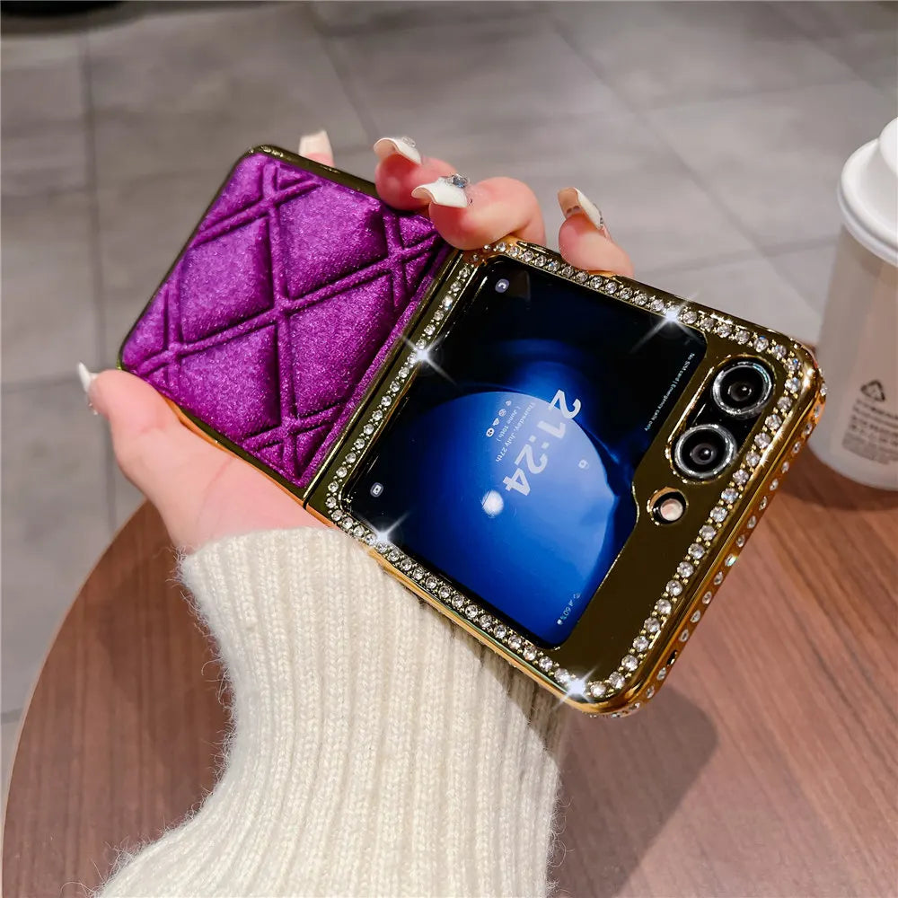 Luxury Bling Diamond Leather Plating Case For Samsung Galaxy Z Flip 6 Flip 5 Flip 3 4 Shockproof Cover Funda