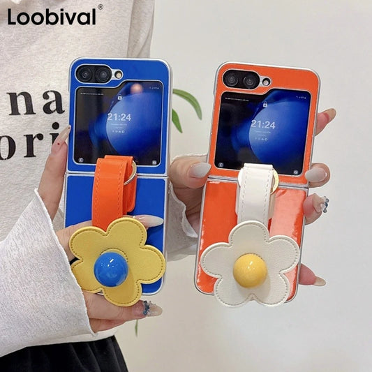 3D Flowers Leather Wrist Strap Phone Case For Samsung Galaxy Z Flip 7 6 5 4 3 Flip6 Z Flip7 Plating Silver Frame Ice Silk Cover
