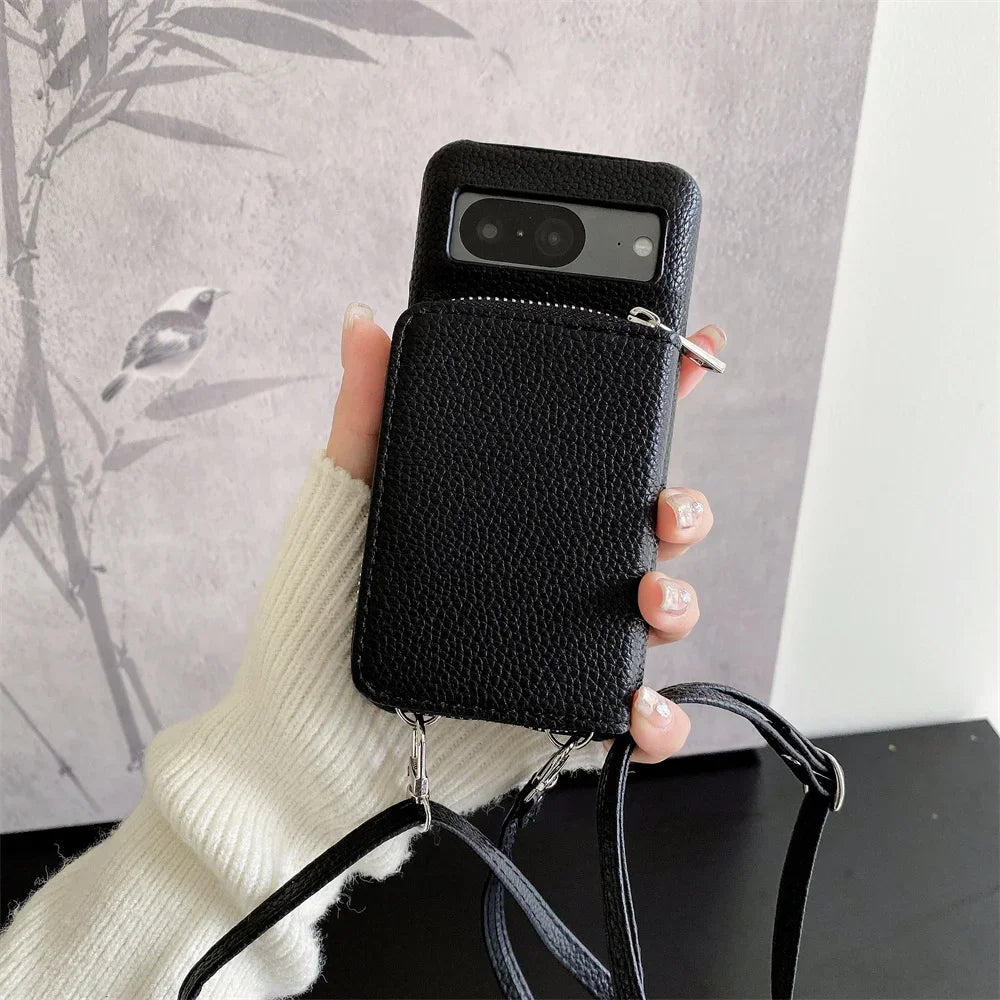For Google Pixel 9 8 7 6 5 Pro XL 8 A 7A 6A Phone Case  Leather Litchi Wallet Card Bag Shoulder Strap Lanyard Stand Holder Cover