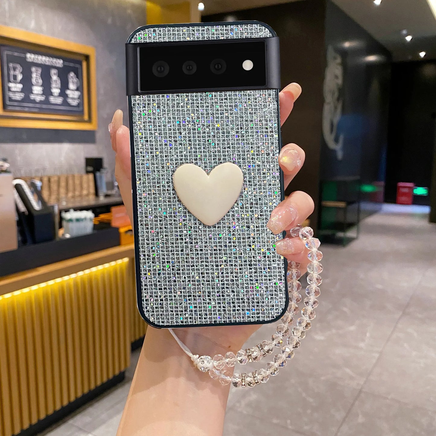 Fashion Love Heart Holder Hand Wrist Lanyard Glitter Leather Phone Case For Google 6 7 8 9 10 Pro XL 9A 8A 7A 6A Shiny Cover