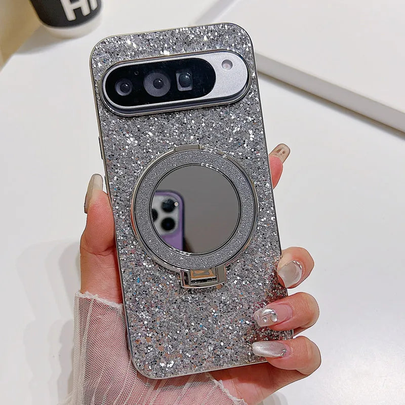 Bling Mirror Magnetic Metal Bracket Case For Google Pixel 9 10 Pro XL 8A 8Pro 7A 6 7 Pro Wireless Charging Glitter Sequins Cover