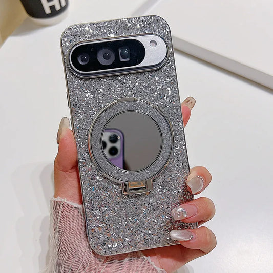 Bling Mirror Magnetic Metal Bracket Case For Google Pixel 9 10 Pro XL 8A 8Pro 7A 6 7 Pro Wireless Charging Glitter Sequins Cover