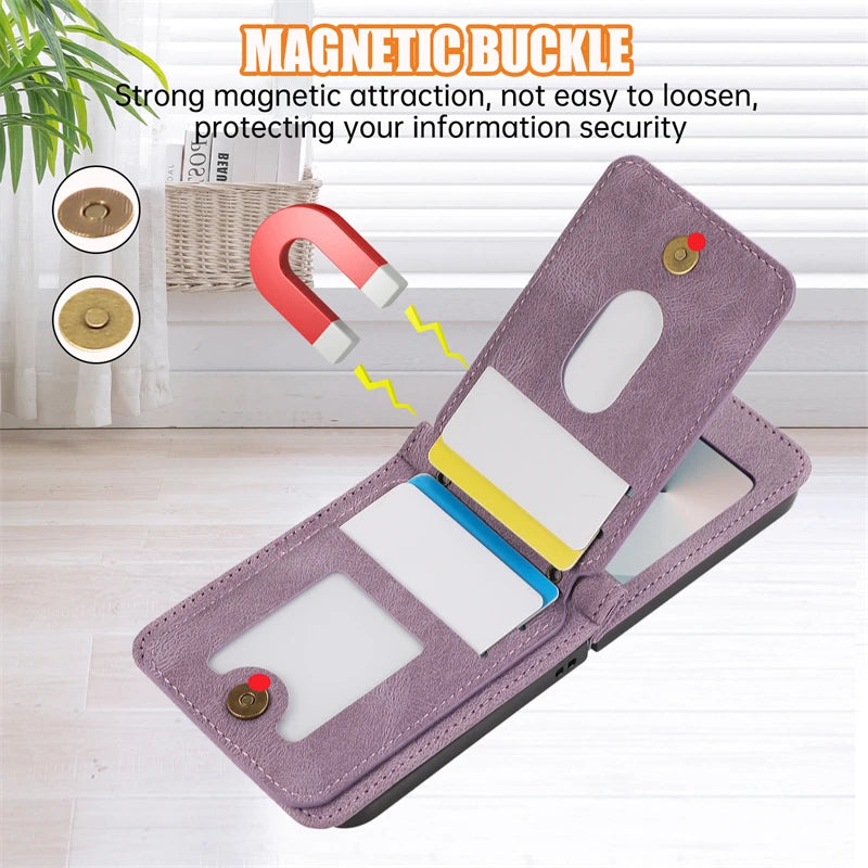 Leather Wallet Card Holder Case for Samsung Galaxy Z Flip 6 5 4 3 ZFlip Flip6 Flip5 Flip4 Flip3 with Crossbody Lanyard Bag Cover