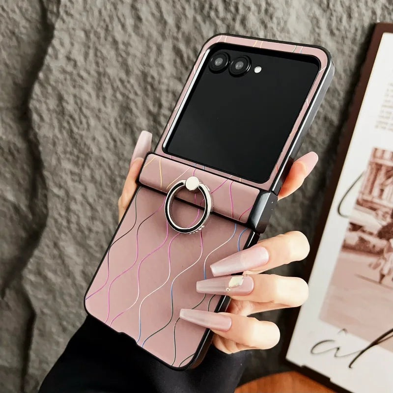Luxury Wave Pattern Ring Phone Case For Motorola Razr 60 50 40 Ultra 50Ultra 3-piece Set Wavy Line Hinge Anti-Scratch Back Cover