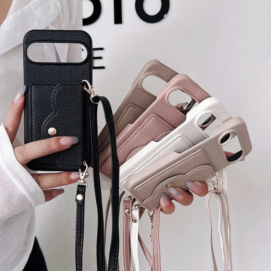 Leather Litchi Wallet Cards Slot Bag Case For Google Pixel 9 8 7 6 9 Pro XL 8A 7A 6A 9XL Shoulder Strap Lanyard Skin Feel Cover