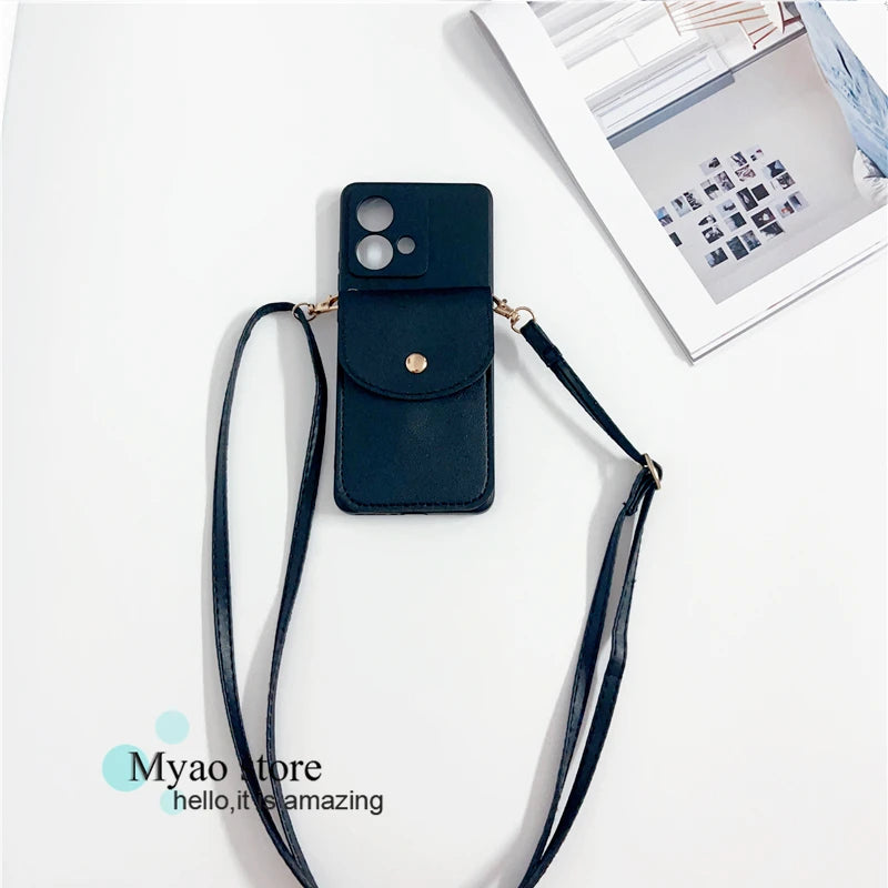 Trendy Leather Wallet Crossbody Strap Phone Case For Motorola Moto edge 40 Neo 30 Lite 50 Pro Cover Necklace Lanyard Cord Bag