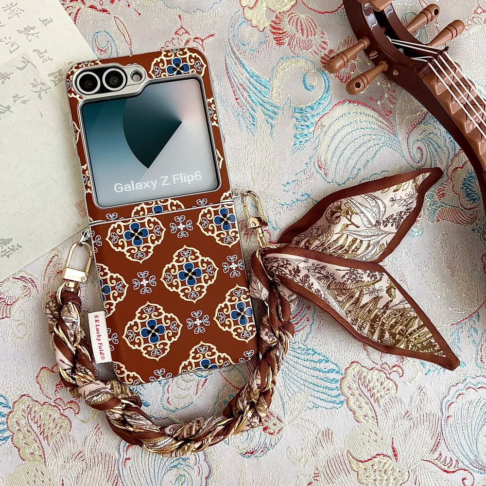 Luxury Embroidery Flowers Phone Case For Samsung Galaxy Z Flip 7 6 5 Flip 7FE Fashion Folding Protection Cover with Ribbon Chain