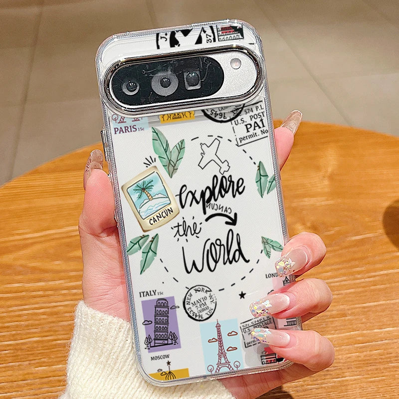 Travel Route Map Pattern Clear Phone Case For Google Pixel 10 9 8 Pro Pixel 9 10 Pro XL 7A 8A 9A Shockproof Soft TPU Back Cover