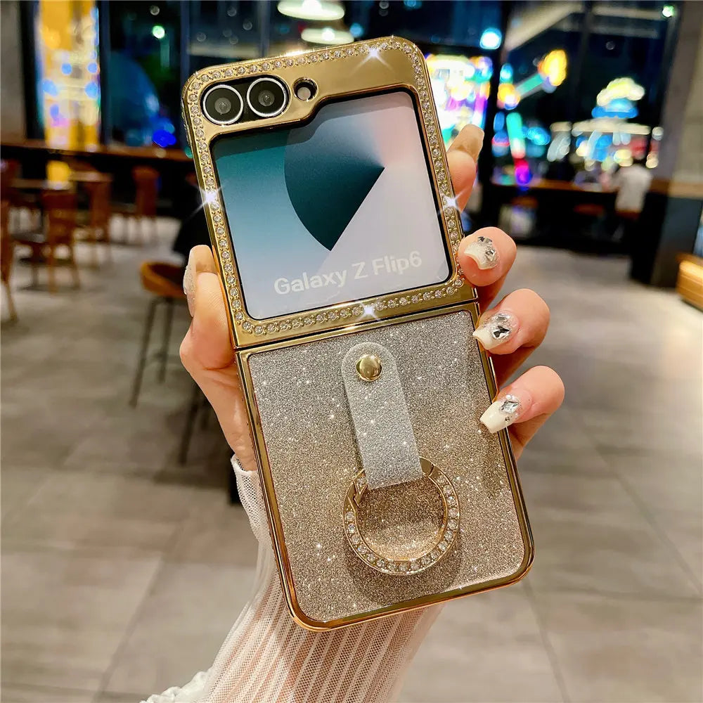 Ring Holder PU Leather Plating Case For Samsung Galaxy Z Flip 6 Flip 5 Flip 4 Zflip 3 Bling Diamond Shockproof Cover