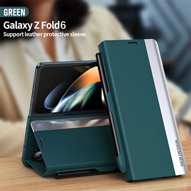 With S Pen & Pen Slot PU Leather Electroplating Holder Phone Case For Samsung Galaxy Z Fold 6 5 4 3 5G Fold6 Magnetic Flip Cover