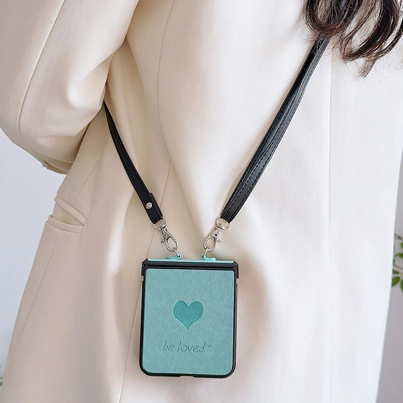 Fashion Simple Love Heart Strap Rope Cord Chain Necklace Lanyard Phone Case For Samsung Galaxy Z Flip 5 4 3 Z Flip6 TPU Cover