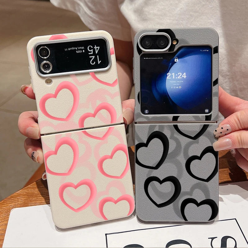 Hollow Out Heart Leather Texture TPU Phone Case For Samsung Galaxy Z Flip 3 4 5 6 Folding Cover For Samsung Z Flip5 Flip6 Flip4
