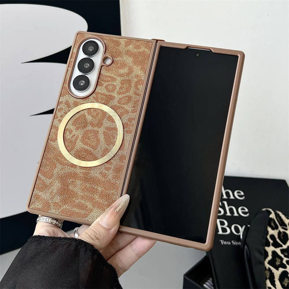 Luxury Gradient Leopard Pattern For Magsafe Magnetic Phone Case for Samsung Z Fold 7 6 5 4 3 Wireless Charging Protective Cover