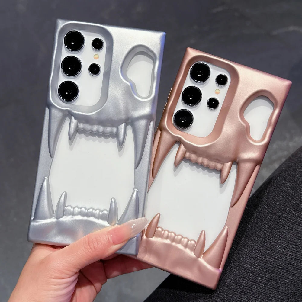 Luxury Hollow 3D Skeleton Tiger Teeth Case For Samsung Galaxy S25 S24 Plus Ultra Matte Metallic Fluorescence Shockproof Cover