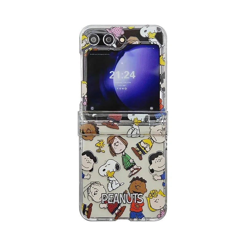 Cute Cartoon Snoopy Charlie Brown Peanuts Transparent Phone Case For Samsung Galaxy Z Flip 6 5 Hard PC Back Cover For Z Flip 3 4