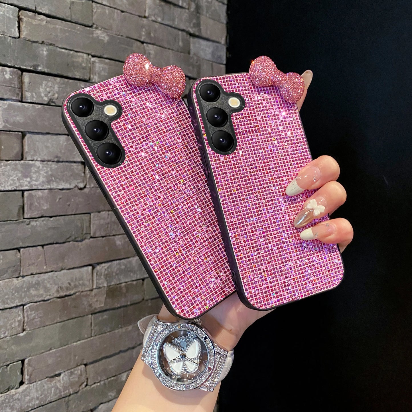 Fashion Cute Drill Pink Butterfly TPU Phone Case For Samsung Galaxy S22 S23 S25 Edge S24 FE Plus Ultra Glitter Protective Case