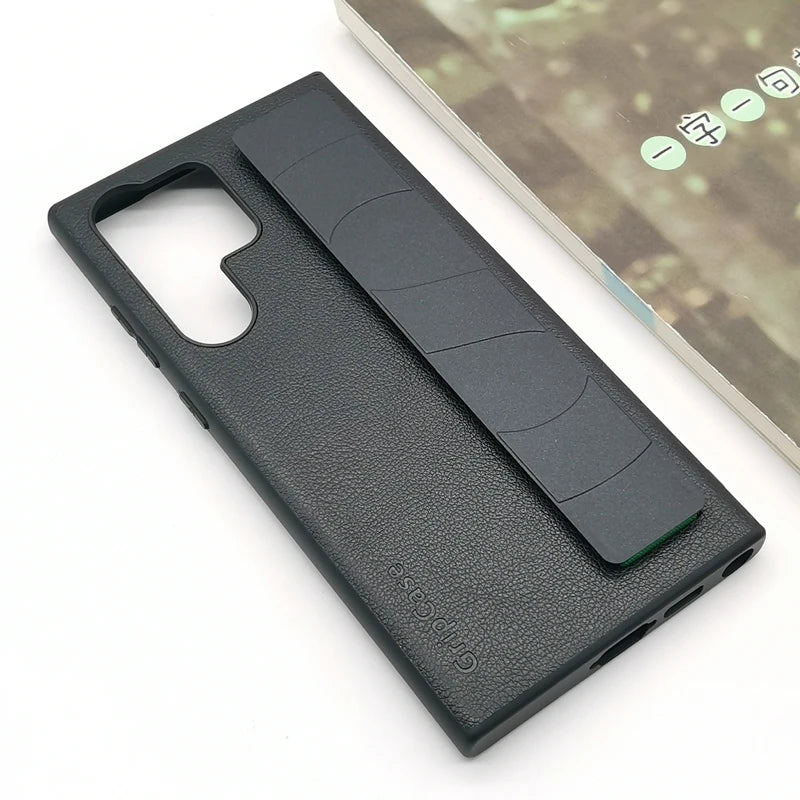 For Samsung Galaxy S22 S23 S24 S25 Plus Ultra Case Leather Grip Cover Back Protective Cover S25+ Wrist Strap Leatherette Cover