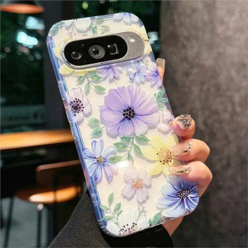 Laser Flower Reflective Phone Case For Google Pixel 10 10Pro XL 9 Pro XL 9A Transparent Floral Print TPU Shockproof Airbag Cover