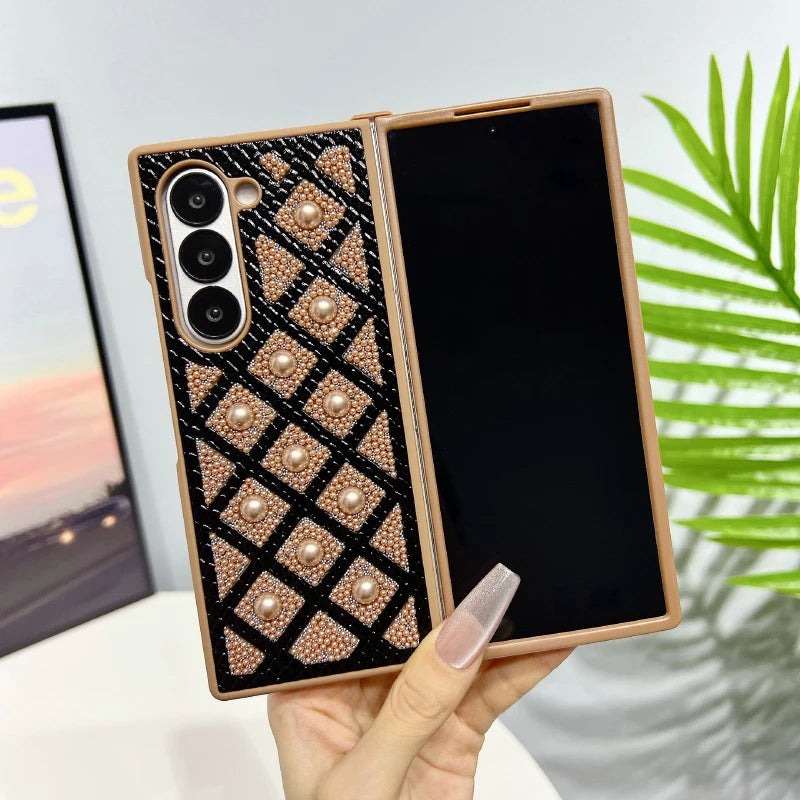 New Luxury Solid Color Pearl Shockproof Folding Phone Case For Samsung Galaxy Fold 6 5 4 3 Bumper Back Cover