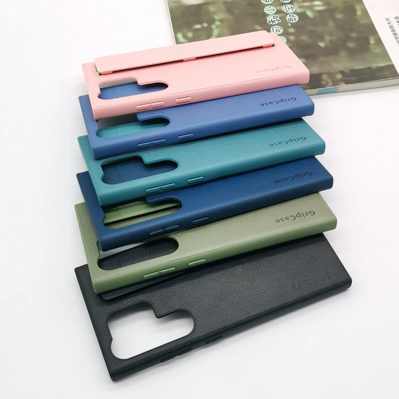 For Samsung Galaxy S22 S23 S24 S25 Plus Ultra Case Leather Grip Cover Back Protective Cover S25+ Wrist Strap Leatherette Cover