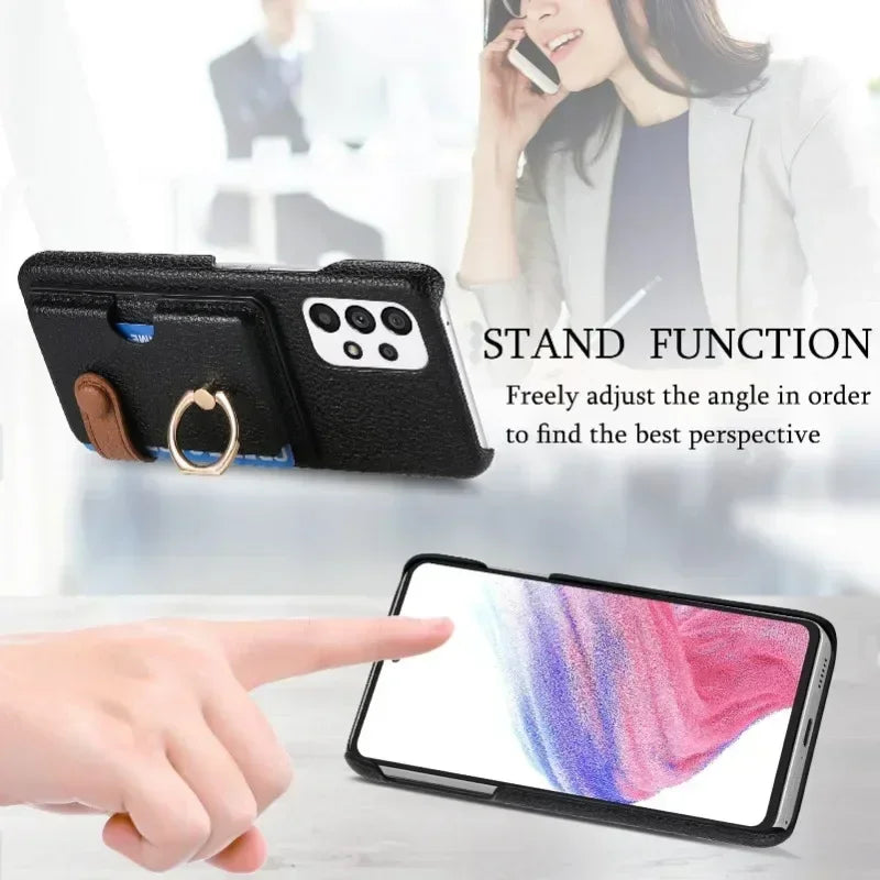 Ring Leather Phone Case for Samsung Galaxy S25 23 S21 FE S24 Ultra S22 Plus A54 A15 A25 A35 A55 Wallet  with Card Holder Cover