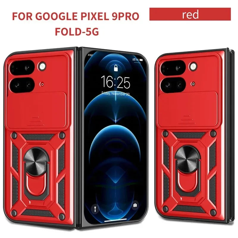 Full Camera Lens Protection Phone Case For Google Pixel 9 Pro Fold 5G Armor Metal Rotating Ring Silicone Soft Back Cover Cases