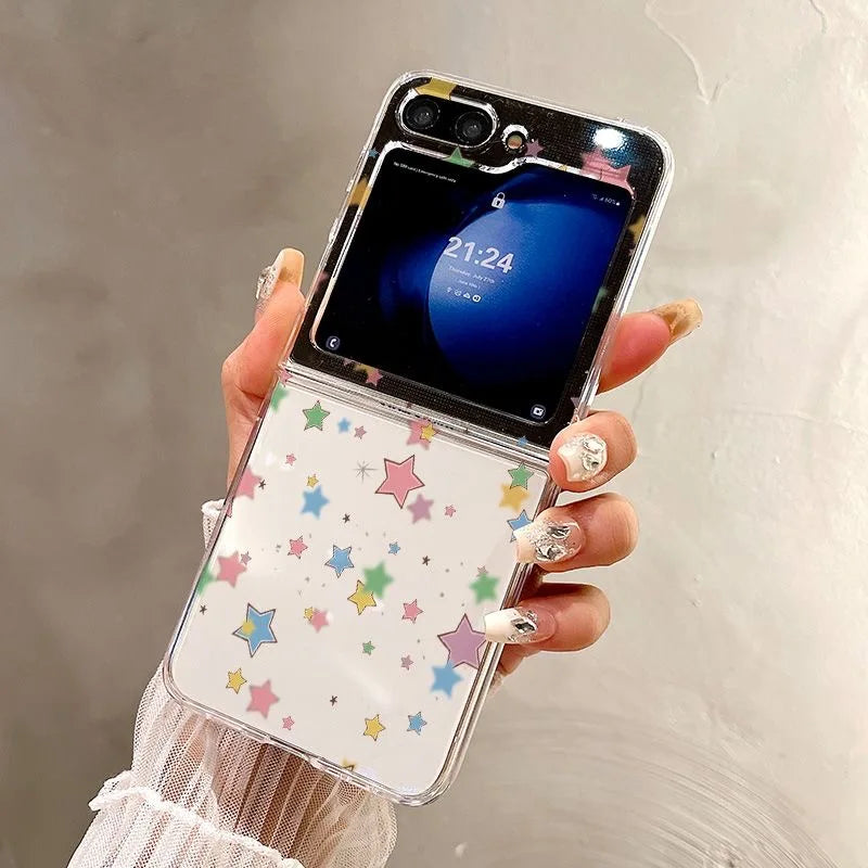 Ins Colorful Stars Print Phone Case For Samsung Galaxy Z Flip 7 6 ZFlip 5 Clear Folding Cover For Samsung ZFlip 7FE 4 3 Shells