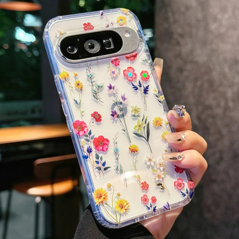 Laser Flower Reflective Phone Case For Google Pixel 10 10Pro XL 9 Pro XL 9A Transparent Floral Print TPU Shockproof Airbag Cover