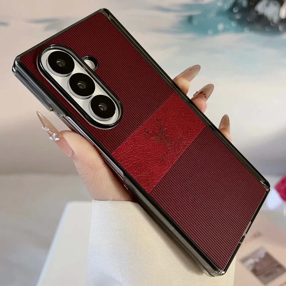 For Samsung Galaxy Z Fold 7 6 5 4 Case Magnetic Leather Deer Pattern Hinge Thin Shockproof PC Wireless Charge Cover For ZFold7