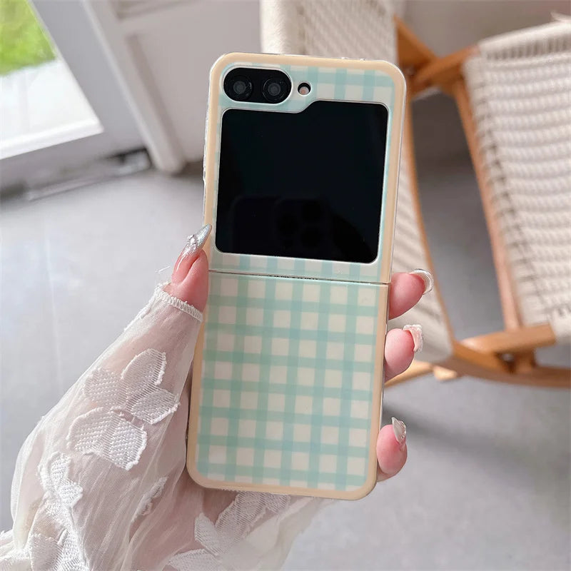 Korean Color Plaid Pattern Magnetic Phone Case For Samsung Galaxy Z Flip 7 6 5 4 Flip6 Flip7 Cover with Magsafe Stand Cases Capa