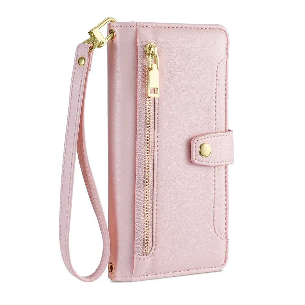 Zipper Wallet Phone Case for Motorola G Stylus Edge 2023 G Play 4G 2024 G Power 5G G14 G84 G54 5G Crossbody Case with Lanyard