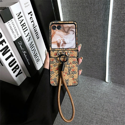 Korean Luxury Retro Brown Flowers Case With Brown Leather Bracelet for Motorola Razr 60 Ultra Razr2025 Razr 50Ultra Razr60 Cover