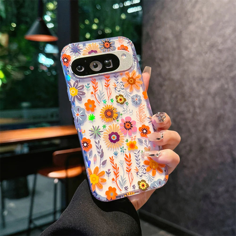 Painting Flower Pattern Clear Phone Case For Google Pixel 10 9 Pro XL 10 9 Pro 9A Printing Floral Shockproof Bumper Hard Cover