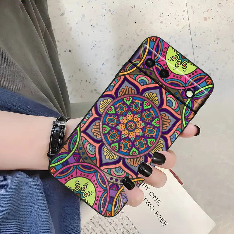 Mandala Flowers Beautiful Art For Google Pixel 9 8 7A 7 6A 6 5A 5 4 4A XL 5G Black Silicon Shockproof Shell Back Phone Case