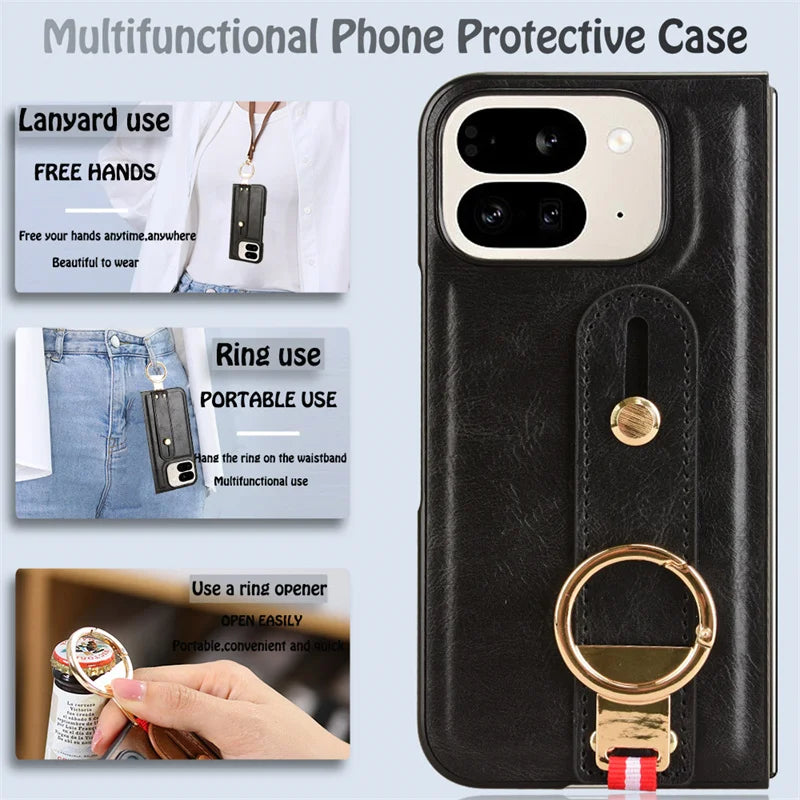 Luxury Wristband Leather Stand Case for Google Pixel 9 Pro Fold Cover Foldable With Ring Opener Hook Coque Fundas Capa