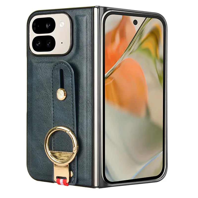 Luxury Wristband Leather Stand Case for Google Pixel 9 Pro Fold Cover Foldable With Ring Opener Hook Coque Fundas Capa