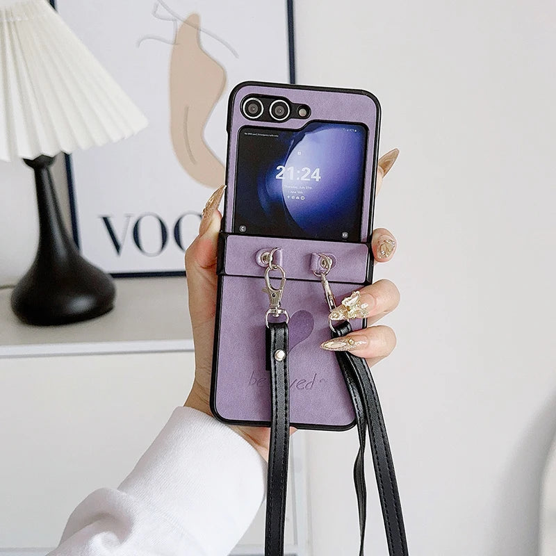 Fashion Simple Love Heart Strap Rope Cord Chain Necklace Lanyard Phone Case For Samsung Galaxy Z Flip 5 4 3 Z Flip6 TPU Cover