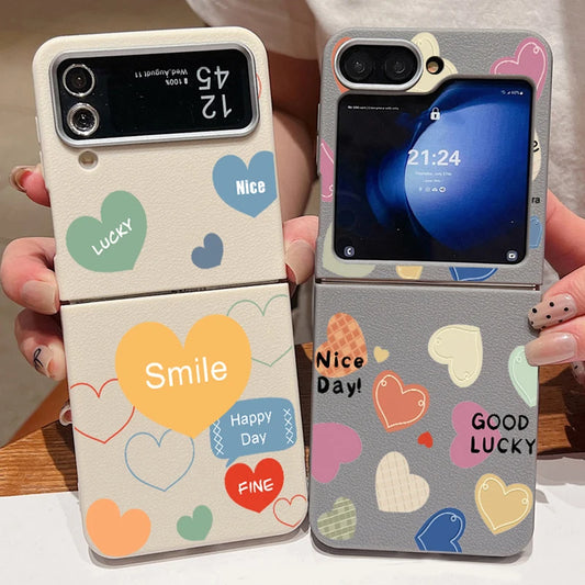 For Samsung Galaxy Z Flip 6 5 4 3 5G Leather Texture Phone Case Love Heart Pattern Soft TPU Folding Cover For Samsung Z Flip5