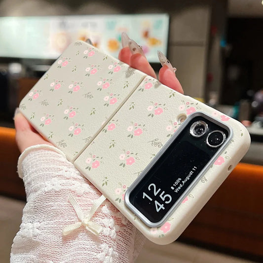 Small Pink Flower Case For Samsung Galaxy Z Flip 6 5 4 3 Leather Texture Silicone Folding Cover For Samsung Z Flip6 Flip5 Flip4