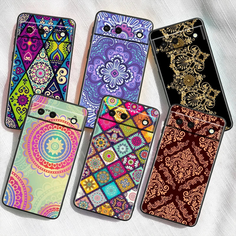Mandala Flowers Beautiful Art For Google Pixel 9 8 7A 7 6A 6 5A 5 4 4A XL 5G Black Silicon Shockproof Shell Back Phone Case