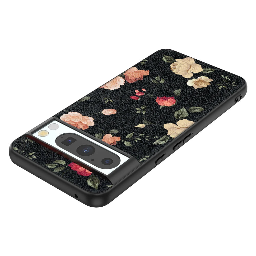 Back Cover Leather Case for Google Pixel 4 XL 4A 5 5A 5G 6 Pro 6A 7 Pro 7A 8 Pro 8A High Quality with Black Flower Pattern Print